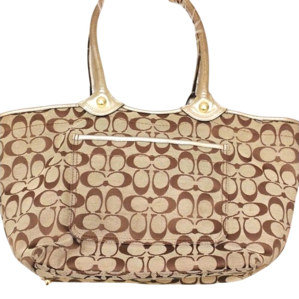 COACH Monogram Canvas Shoulder Bag Purse Large 16x9 GOLD Leather Flowers Handles - Picture 4 of 16